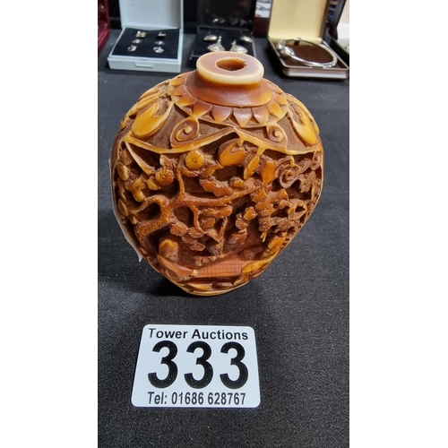 333 - Antique asian intricately carved bone snuff bottle, in good condition missing its stopper height 8.5... 