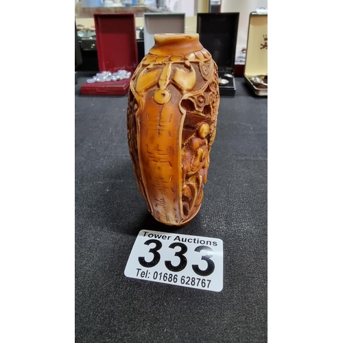 333 - Antique asian intricately carved bone snuff bottle, in good condition missing its stopper height 8.5... 