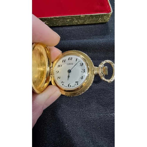 338 - Oris ornate fob watch - gold plated, in gold coloured box
Tested as working for a short period howev... 