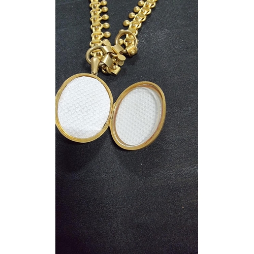 340 - Vintage gold plated large locket on an unusual plated chain in good order. locket high 4.5cm x 3.5cm... 