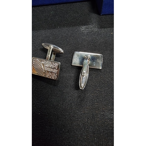 345 - Hand made sterling silver pair of gents cufflinks for the rugby world cup 2015 by the London silver ... 