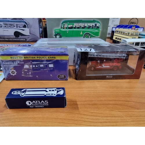 127 - Quantity of Diecast vehicles and trains inc London fire truck, Police van, Green Arrow and Shay loco... 