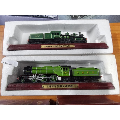 127 - Quantity of Diecast vehicles and trains inc London fire truck, Police van, Green Arrow and Shay loco... 