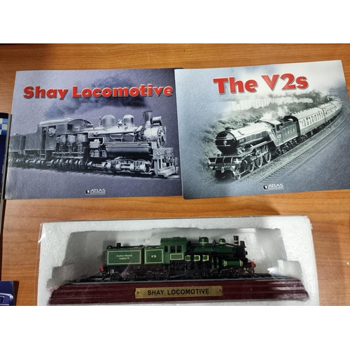 127 - Quantity of Diecast vehicles and trains inc London fire truck, Police van, Green Arrow and Shay loco... 