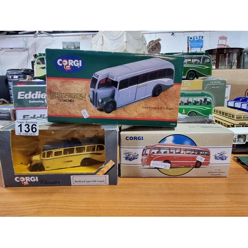 136 - Quantity of Diecast buses and coaches, all by Corgi inc Bedford OB coaches and AEC Reagal coach etc