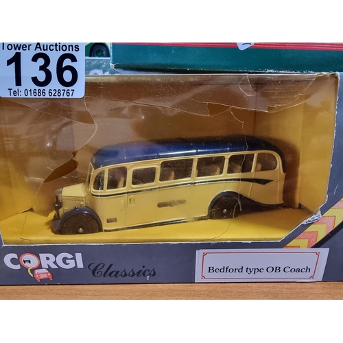 136 - Quantity of Diecast buses and coaches, all by Corgi inc Bedford OB coaches and AEC Reagal coach etc