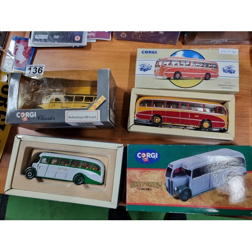 136 - Quantity of Diecast buses and coaches, all by Corgi inc Bedford OB coaches and AEC Reagal coach etc