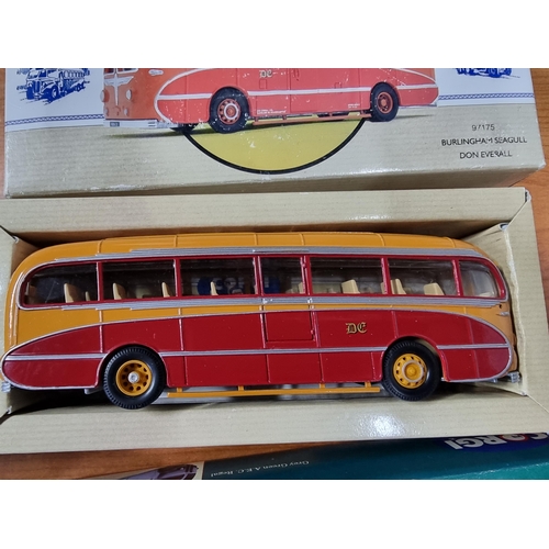 136 - Quantity of Diecast buses and coaches, all by Corgi inc Bedford OB coaches and AEC Reagal coach etc