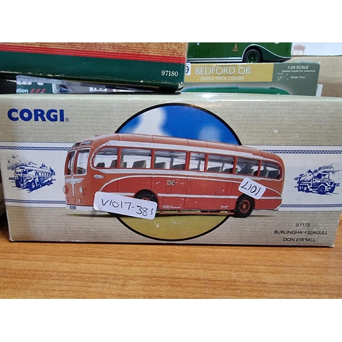 136 - Quantity of Diecast buses and coaches, all by Corgi inc Bedford OB coaches and AEC Reagal coach etc