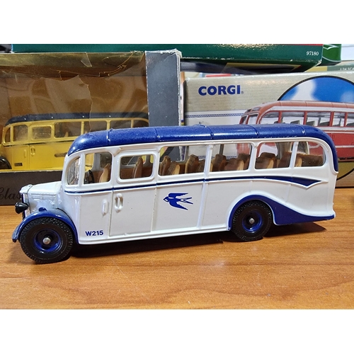 136 - Quantity of Diecast buses and coaches, all by Corgi inc Bedford OB coaches and AEC Reagal coach etc