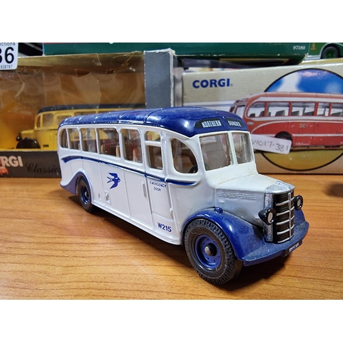 136 - Quantity of Diecast buses and coaches, all by Corgi inc Bedford OB coaches and AEC Reagal coach etc