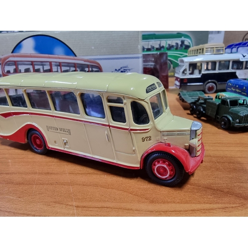 136 - Quantity of Diecast buses and coaches, all by Corgi inc Bedford OB coaches and AEC Reagal coach etc