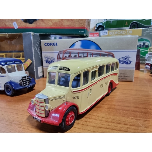 136 - Quantity of Diecast buses and coaches, all by Corgi inc Bedford OB coaches and AEC Reagal coach etc