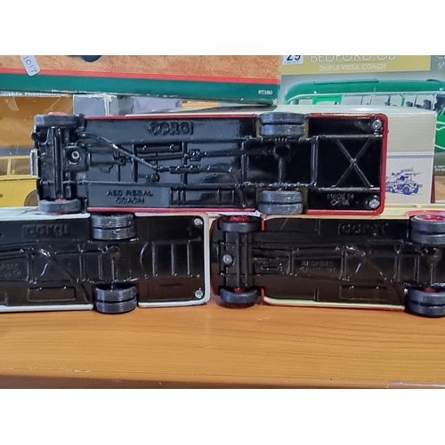 136 - Quantity of Diecast buses and coaches, all by Corgi inc Bedford OB coaches and AEC Reagal coach etc