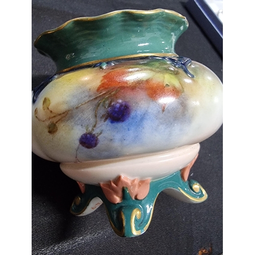 172 - Royal Worcester Hadley's hand painted lidded pot pourri pot, has minor well done old repair to the t... 