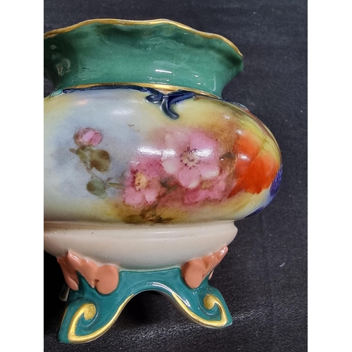 172 - Royal Worcester Hadley's hand painted lidded pot pourri pot, has minor well done old repair to the t... 