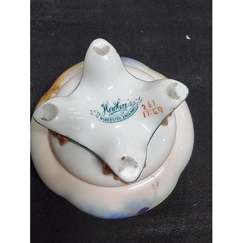 172 - Royal Worcester Hadley's hand painted lidded pot pourri pot, has minor well done old repair to the t... 