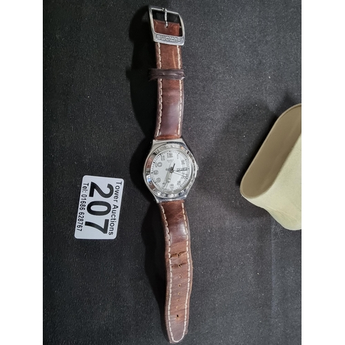 207 - Vintage swatch irony unisex chrome watch on a good leather strap in working condition requires a new... 