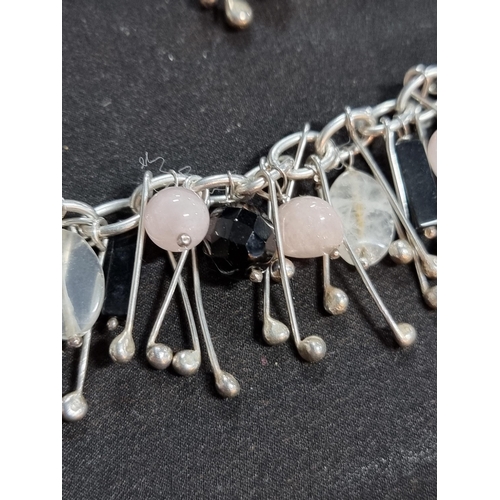 212 - 925 sterling silver unusal drop braclet with rose quartz and onyx beads along with matching drop ear... 