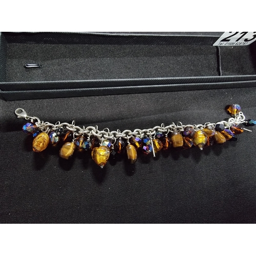 213 - 925 silver bracelet with a large quantity of bead drops inc art glass tigers eye onyx and crystal gl... 