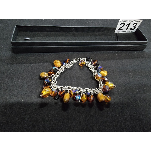 213 - 925 silver bracelet with a large quantity of bead drops inc art glass tigers eye onyx and crystal gl... 