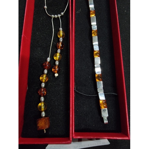 214 - 925 silver necklace with 2 strand amber drops along with a 925 silver bracelet with amber stones nec... 