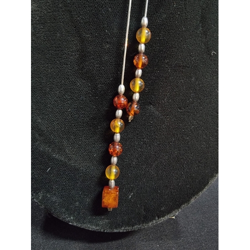 214 - 925 silver necklace with 2 strand amber drops along with a 925 silver bracelet with amber stones nec... 