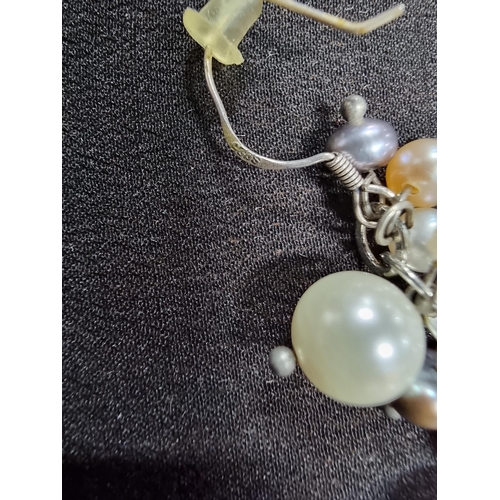 224 - Pair of striking 925 silver pearl drop earrings with a mixture of simulated and genuine pears length... 