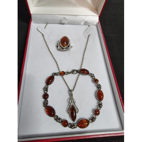 232 - Good suite of matching 925 silver Baltic amber jewellery with inclusions inc a bracelet pendant chai... 