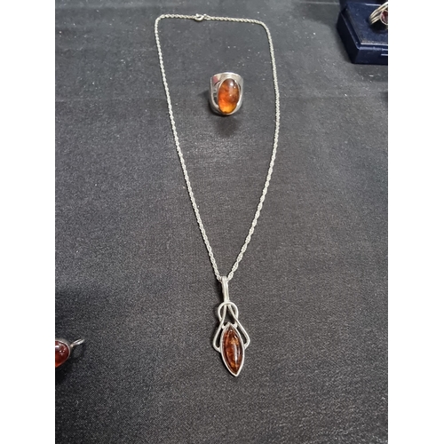 232 - Good suite of matching 925 silver Baltic amber jewellery with inclusions inc a bracelet pendant chai... 