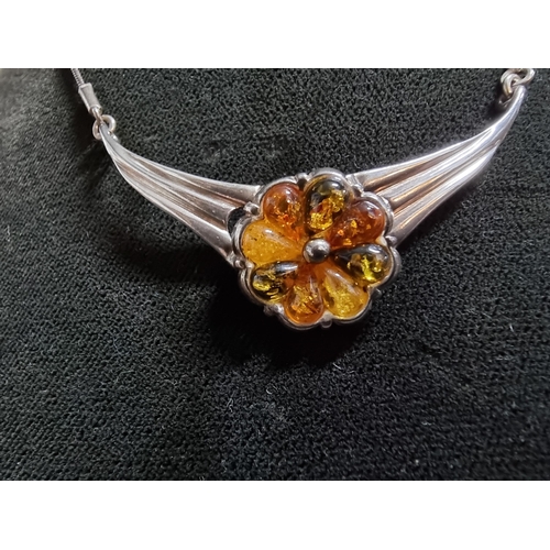 233 - Good 925 silver pendant with genuine tri coloured amber stones in the form of a flower on a 16in 925... 