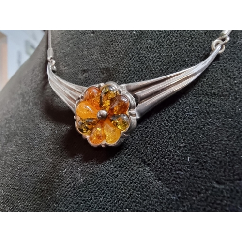 233 - Good 925 silver pendant with genuine tri coloured amber stones in the form of a flower on a 16in 925... 