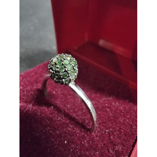 252 - Unusual 925 silver ring inset with a large real green diamonds shaped into a ball marked 925 TGGC in... 