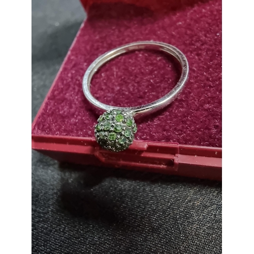 252 - Unusual 925 silver ring inset with a large real green diamonds shaped into a ball marked 925 TGGC in... 