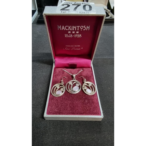 270 - Boxed 925 sterling silver Mackintosh pendant and earring set with c gems with a classic Charles Rene... 