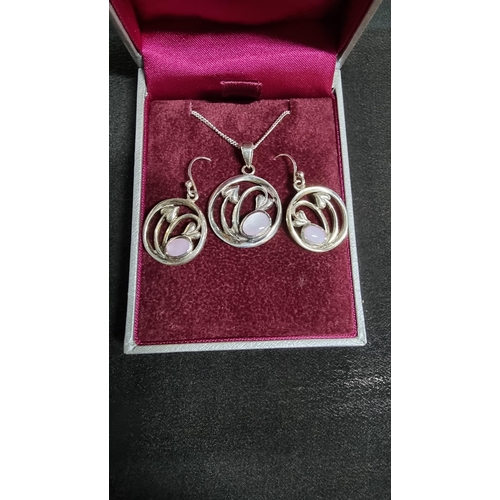 270 - Boxed 925 sterling silver Mackintosh pendant and earring set with c gems with a classic Charles Rene... 