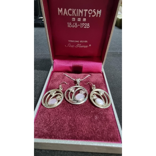 270 - Boxed 925 sterling silver Mackintosh pendant and earring set with c gems with a classic Charles Rene... 