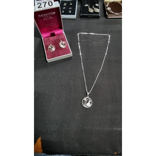 270 - Boxed 925 sterling silver Mackintosh pendant and earring set with c gems with a classic Charles Rene... 