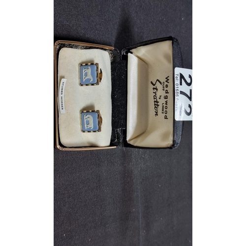 272 - Pair of horse related Wedgwood cufflinks by Stratton in their original case featuring blue jasper ho... 