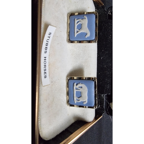 272 - Pair of horse related Wedgwood cufflinks by Stratton in their original case featuring blue jasper ho... 