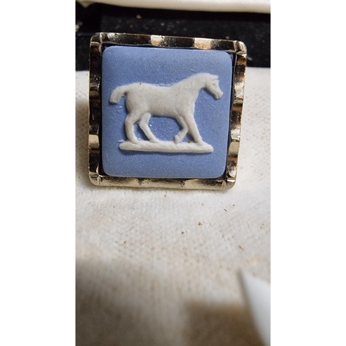 272 - Pair of horse related Wedgwood cufflinks by Stratton in their original case featuring blue jasper ho... 