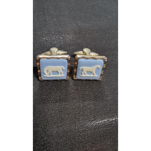 272 - Pair of horse related Wedgwood cufflinks by Stratton in their original case featuring blue jasper ho... 