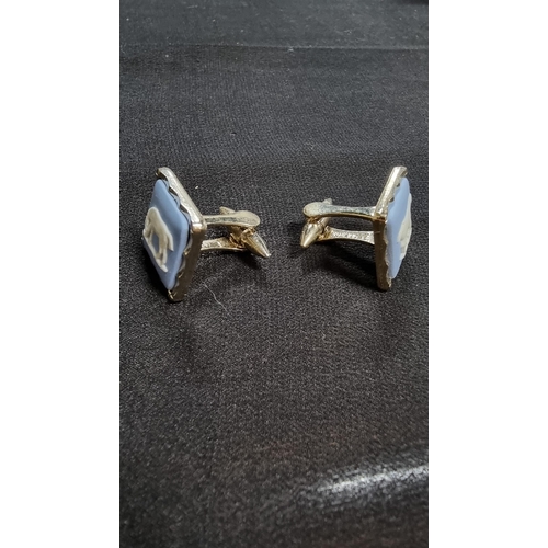 272 - Pair of horse related Wedgwood cufflinks by Stratton in their original case featuring blue jasper ho... 