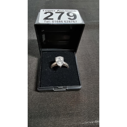 279 - Chunky 925 silver ring inset with a large peardrop shaped CZ stone marked 925 size M1/2 boxed