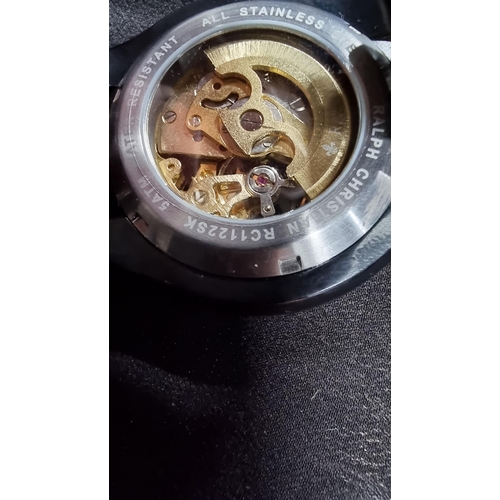 294 - Attractive Ralph Christian gents black automatic  watch with a brass skeleton dial on a metal link b... 