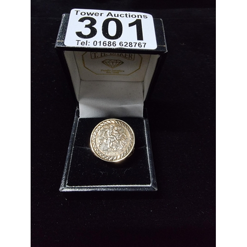 301 - Gents 9ct gold st george signet ring size 'O 1/2' total weight 4.3g