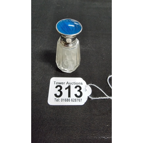 313 - Hallmarked silver topped glass scent bottle with a blue enamle top height 6cm width 3cm