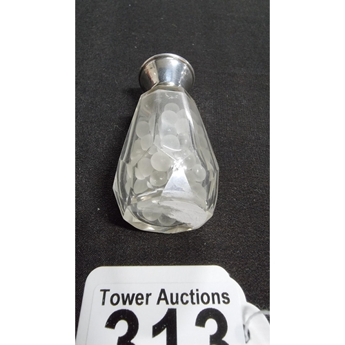 313 - Hallmarked silver topped glass scent bottle with a blue enamle top height 6cm width 3cm