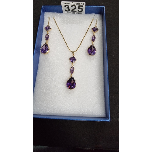 325 - Pretty 18ct gold plated drop pendant chain and drop earring set with amythest type stones