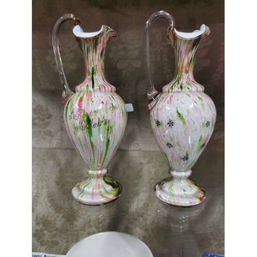 6 - Pair of matching good quality art glass urn stem vases 'A present from newtown' marked to the front ... 